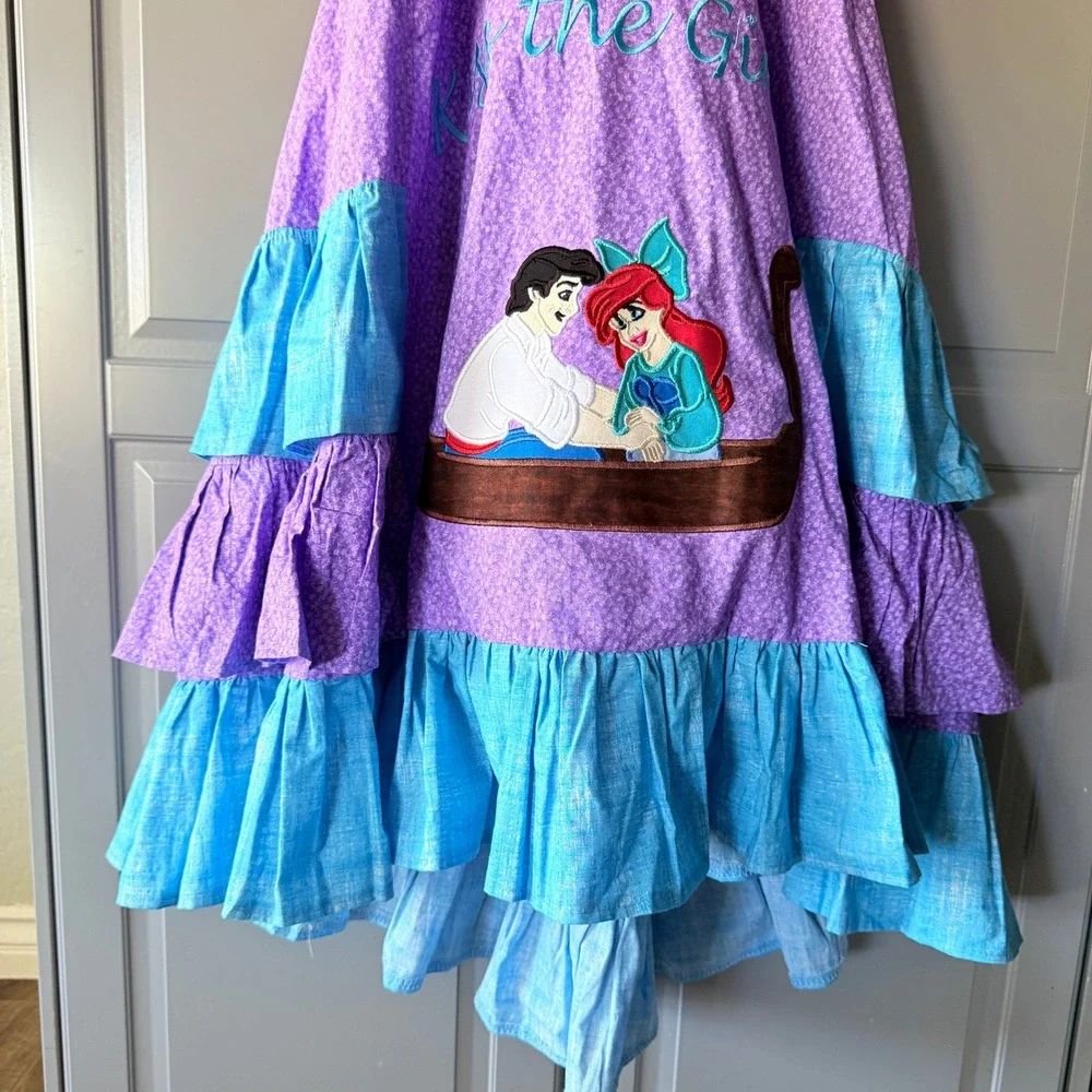 Custom Little Mermaid Kiss the Girl Tiered Ruffle Dress,Purple Turquoise,8
